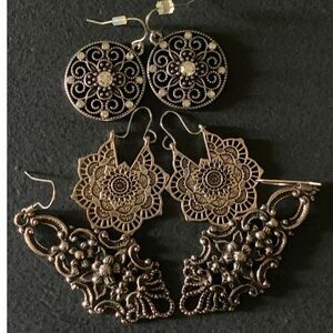 Vintage Beautiful metal work drop earrings, 3 PAIRS, Unmarked